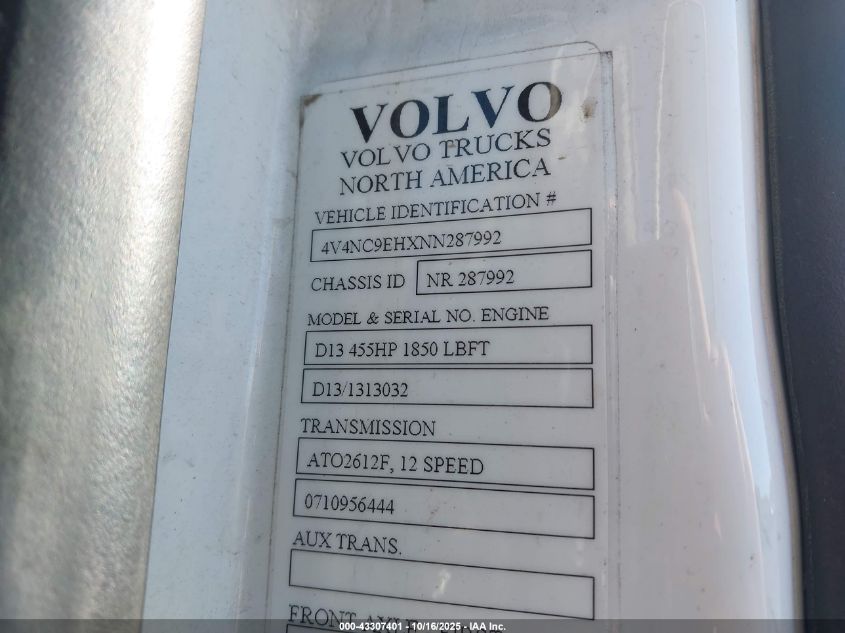 2022 Volvo Vnl VIN: 4V4NC9EHXNN287992 Lot: 43307401