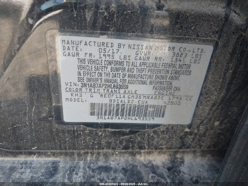 2017 Nissan Sentra Sv VIN: 3N1AB7AP2HL693559 Lot: 43307422