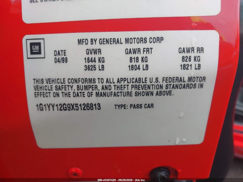 1999 Chevrolet Corvette Hardtop VIN: 1G1YY12G9X5126813 Lot: 43307429