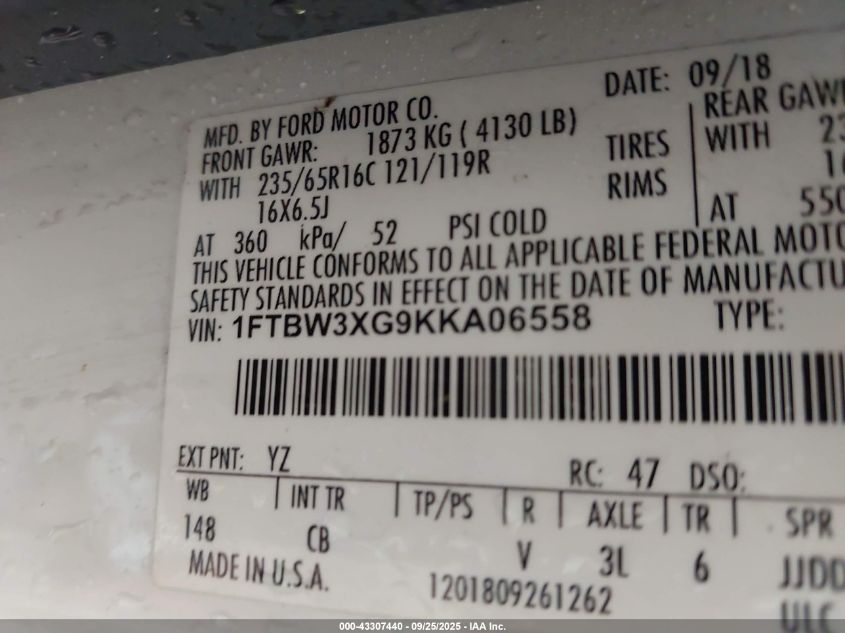 2019 Ford Transit-350 VIN: 1FTBW3XG9KKA06558 Lot: 43307440