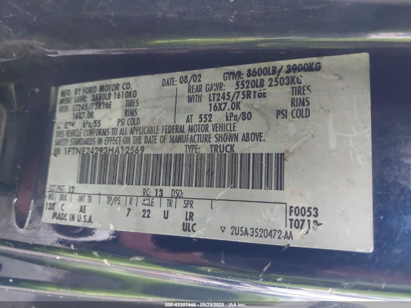 2003 Ford E-250 Commercial VIN: 1FTNE24293HA12569 Lot: 43307446