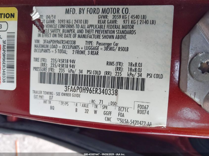 2014 Ford Fusion Se VIN: 3FA6P0H96ER340338 Lot: 43307447