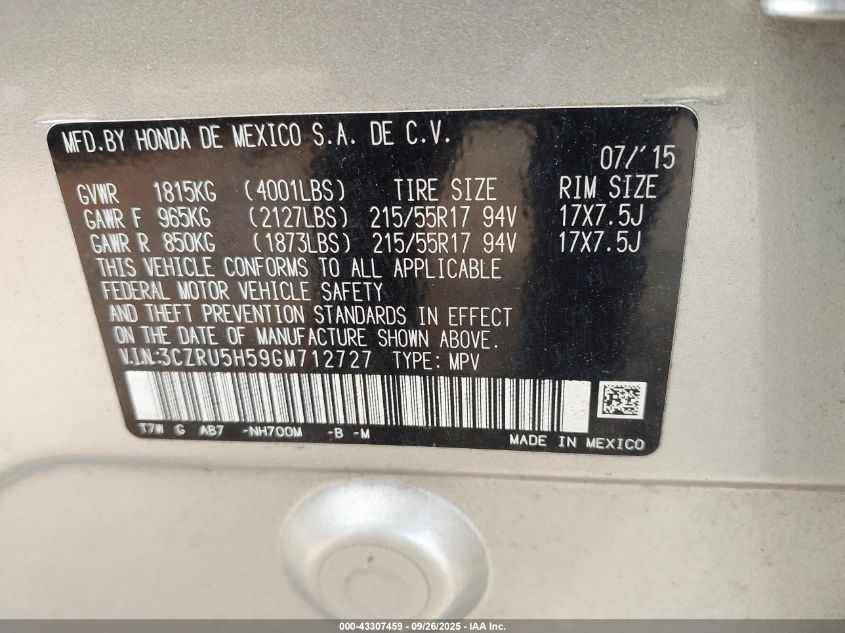 2016 Honda Hr-V Ex VIN: 3CZRU5H59GM712727 Lot: 43307459