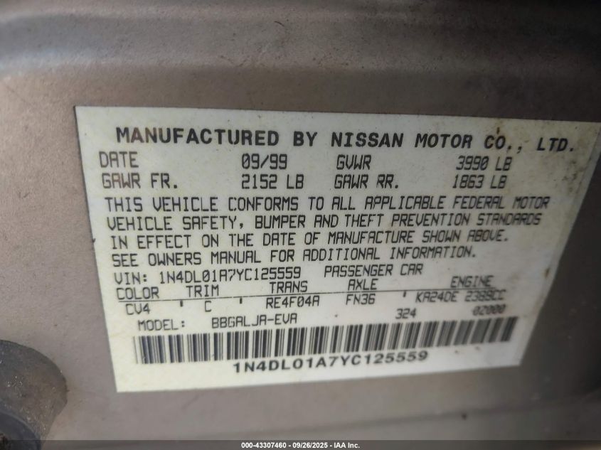 2000 Nissan Altima Gle/Gxe/Se VIN: 1N4DL01A7YC125559 Lot: 43307460