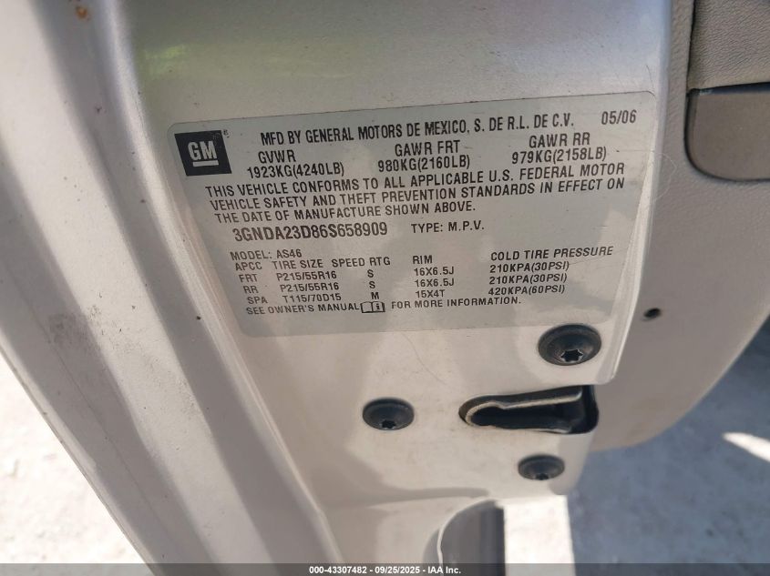 2006 Chevrolet Hhr Lt VIN: 3GNDA23D86S658909 Lot: 43307482
