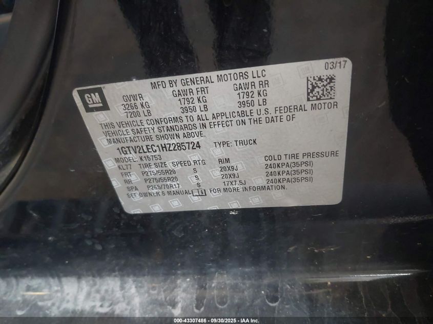 2017 GMC Sierra 1500 VIN: 1GTV2LEC1HZ285724 Lot: 43307486