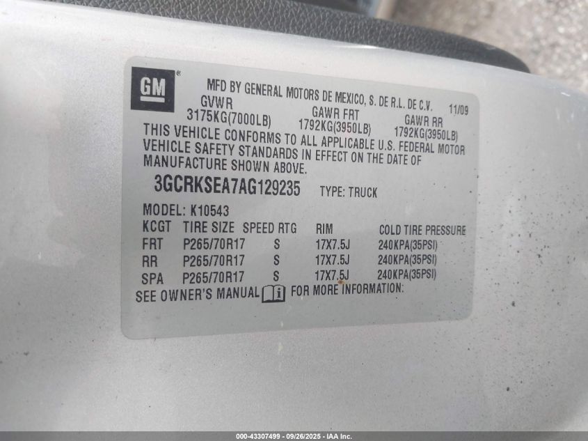 2010 Chevrolet Silverado 1500 Lt VIN: 3GCRKSEA7AG129235 Lot: 43307499
