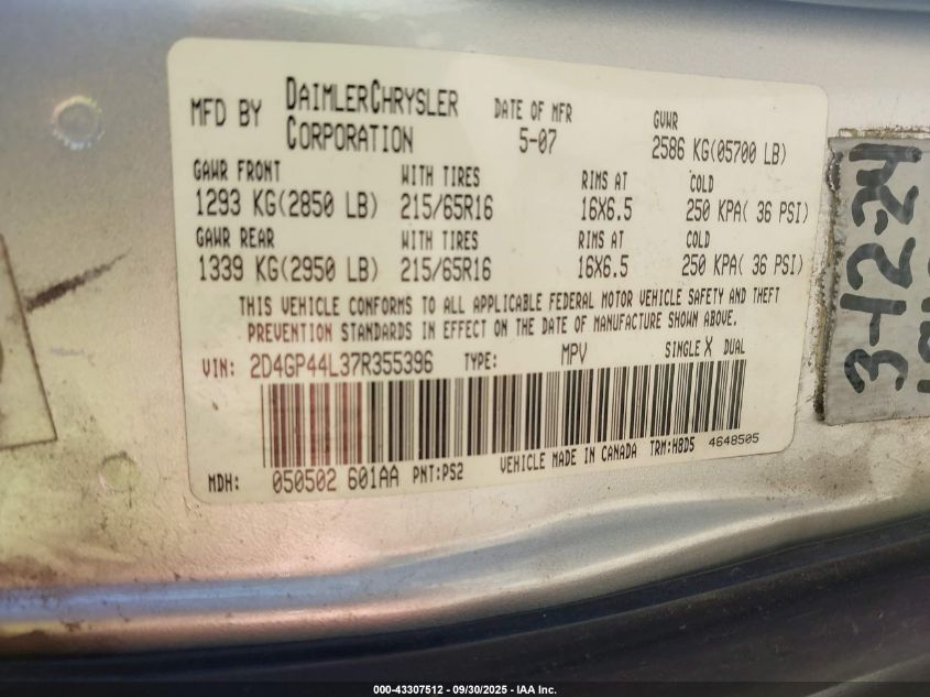 2007 Dodge Grand Caravan Sxt VIN: 2D4GP44L37R355396 Lot: 43307512