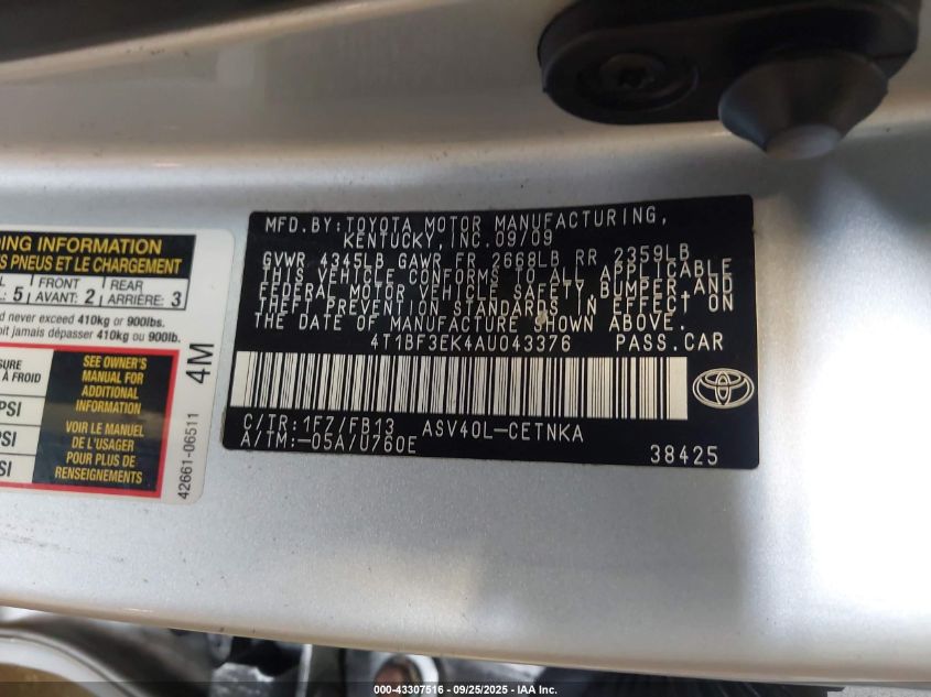 2010 Toyota Camry Le VIN: 4T1BF3EK4AU043376 Lot: 43307516