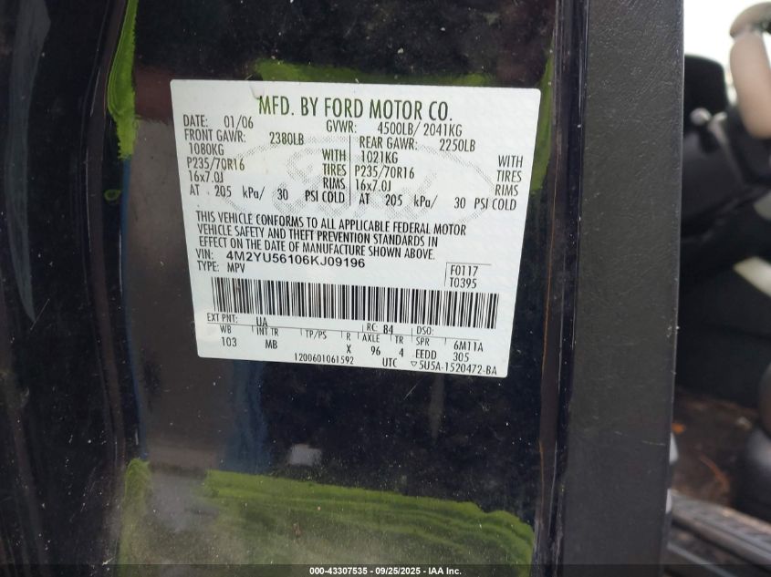 2006 Mercury Mariner Luxury/Premier VIN: 4M2YU56106KJ09196 Lot: 43307535