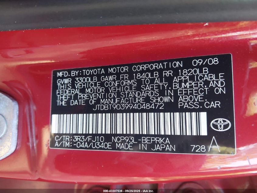 2009 Toyota Yaris VIN: JTDBT903994048472 Lot: 43307536