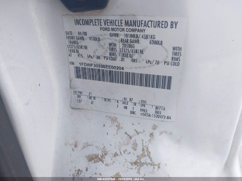 2008 Ford F350 Xl/Xlt VIN: 1FDWF30598EE00204 Lot: 43307546