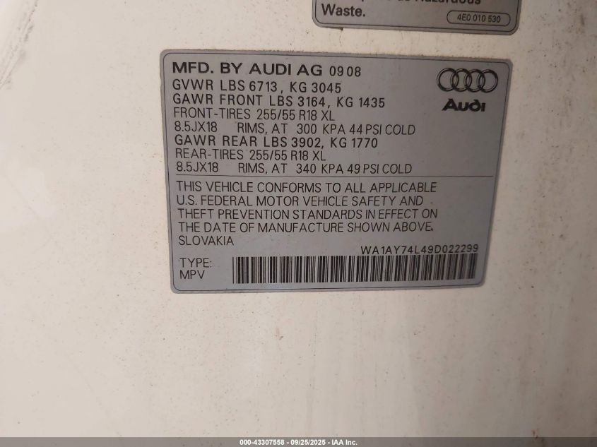 2009 Audi Q7 3.6 5 Passenger/3.6 Premium VIN: WA1AY74L49D022299 Lot: 43307558