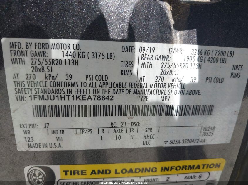 2019 Ford Expedition Xlt VIN: 1FMJU1HT1KEA78642 Lot: 43307562