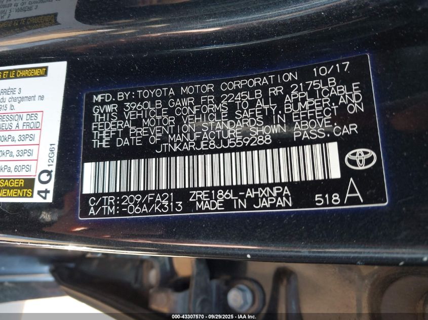 2018 Toyota Corolla Im VIN: JTNKARJE8JJ559288 Lot: 43307570