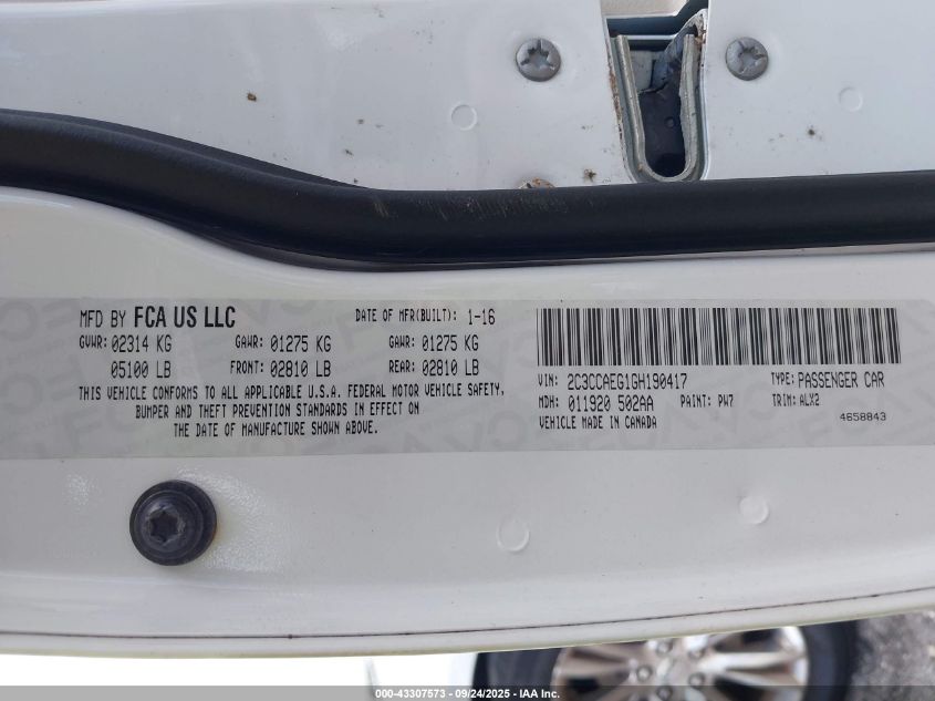 2016 Chrysler 300C VIN: 2C3CCAEG1GH190417 Lot: 43307573