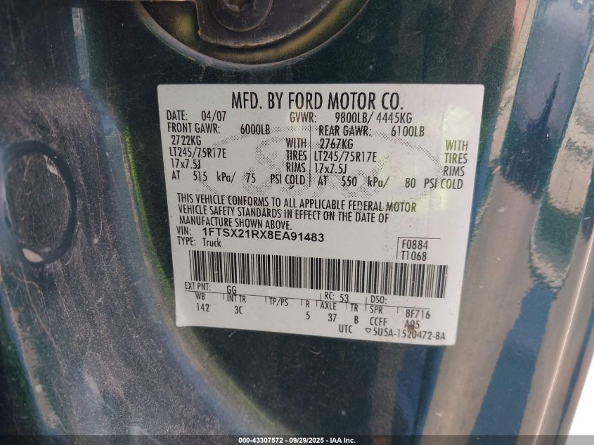2008 Ford F-250 Fx4/Lariat/Xl/Xlt VIN: 1FTSX21RX8EA91483 Lot: 43307572