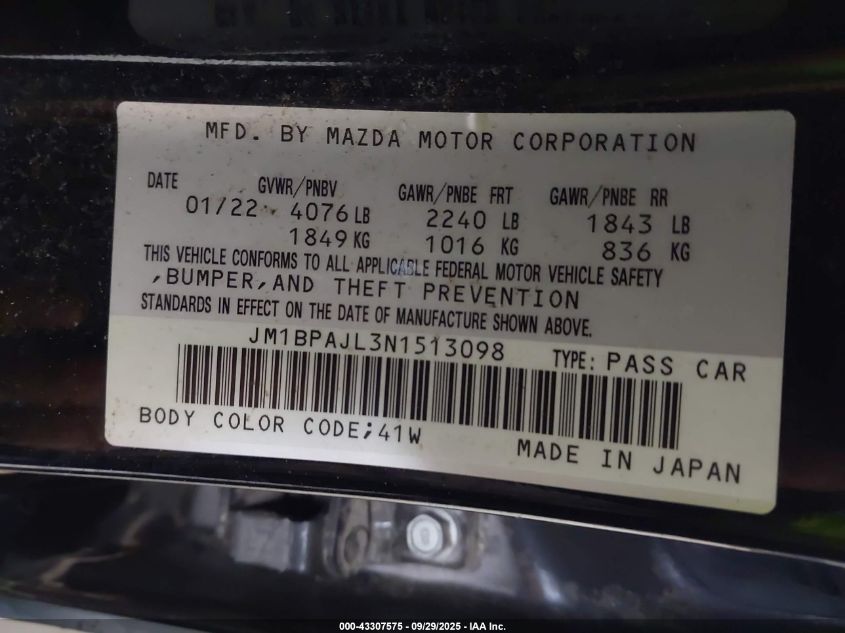2022 Mazda Mazda3 2.5 S VIN: JM1BPAJL3N1513098 Lot: 43307575