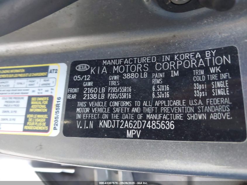 2013 Kia Soul + VIN: KNDJT2A62D7485636 Lot: 43307576