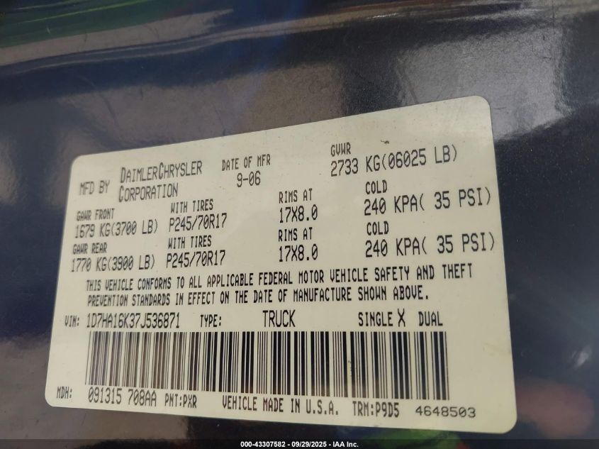 2007 Dodge Ram 1500 St VIN: 1D7HA16K37J536871 Lot: 43307582