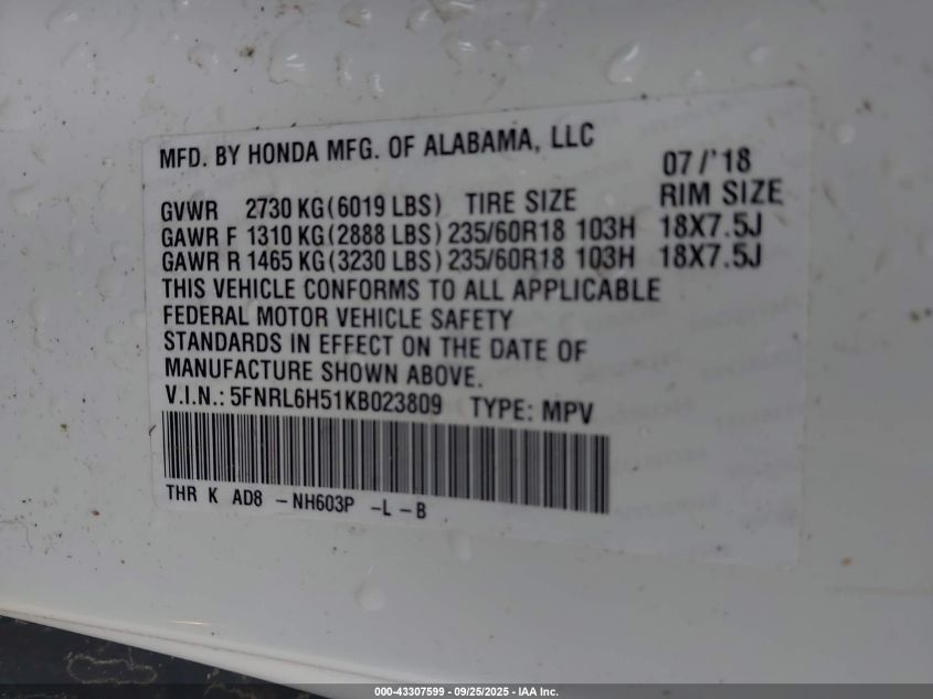 2019 Honda Odyssey Ex VIN: 5FNRL6H51KB023809 Lot: 43307599