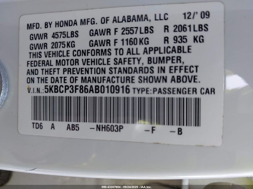 2010 Honda Accord 3.5 Ex-L VIN: 5KBCP3F86AB010916 Lot: 43307604