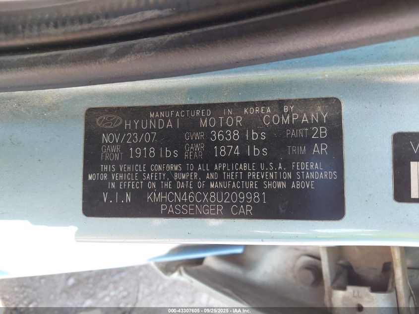 2008 Hyundai Accent Gls VIN: KMHCN46CX8U209981 Lot: 43307605
