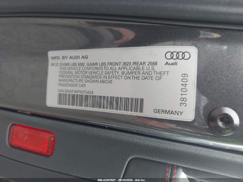 2023 Audi S4 Premium Plus Tfsi Quattro Tiptronic VIN: WAUB4AF46PA015424 Lot: 43307607
