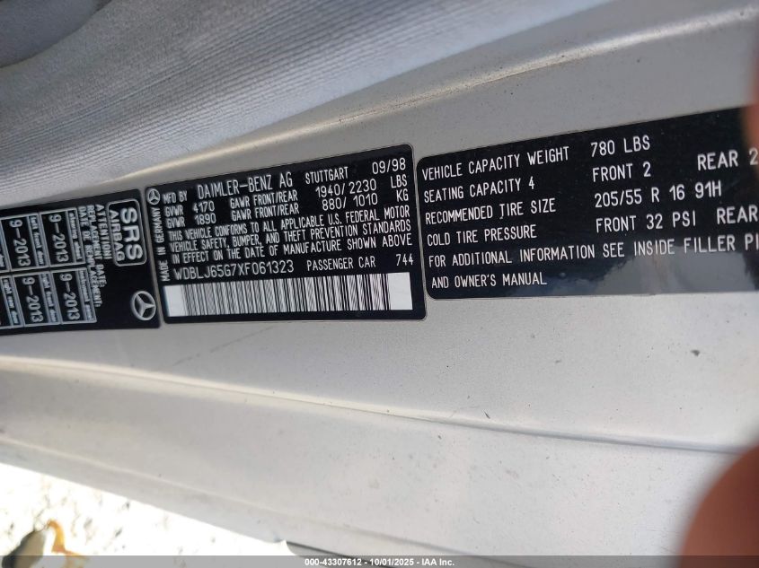 1999 Mercedes-Benz Clk 320 VIN: WDBLJ65G7XF061323 Lot: 43307612