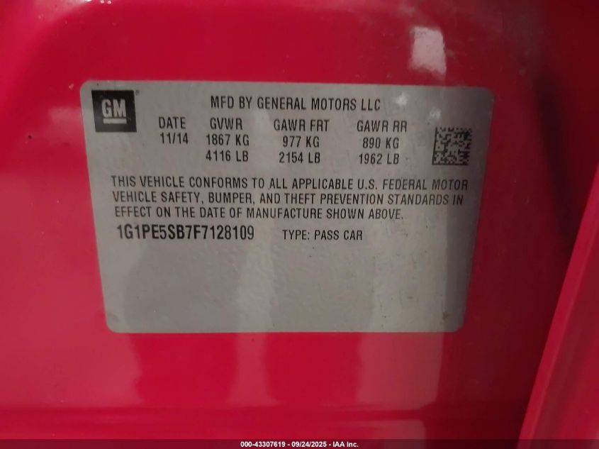 2015 Chevrolet Cruze 2Lt Auto VIN: 1G1PE5SB7F7128109 Lot: 43307619