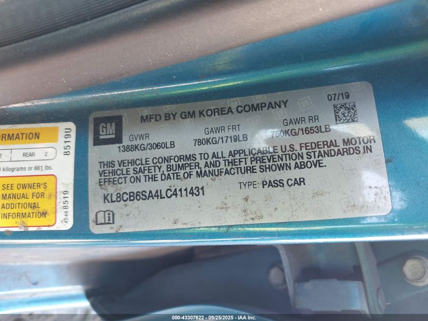 2020 Chevrolet Spark Fwd Ls Automatic VIN: KL8CB6SA4LC411431 Lot: 43307622