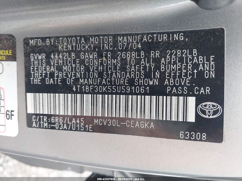 2005 Toyota Camry Xle V6 VIN: 4T1BF30K55U591061 Lot: 43307624