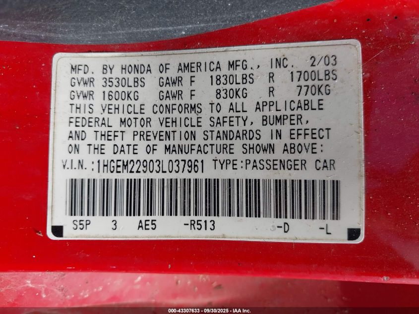 2003 Honda Civic Ex VIN: 1HGEM22903L037961 Lot: 43307633