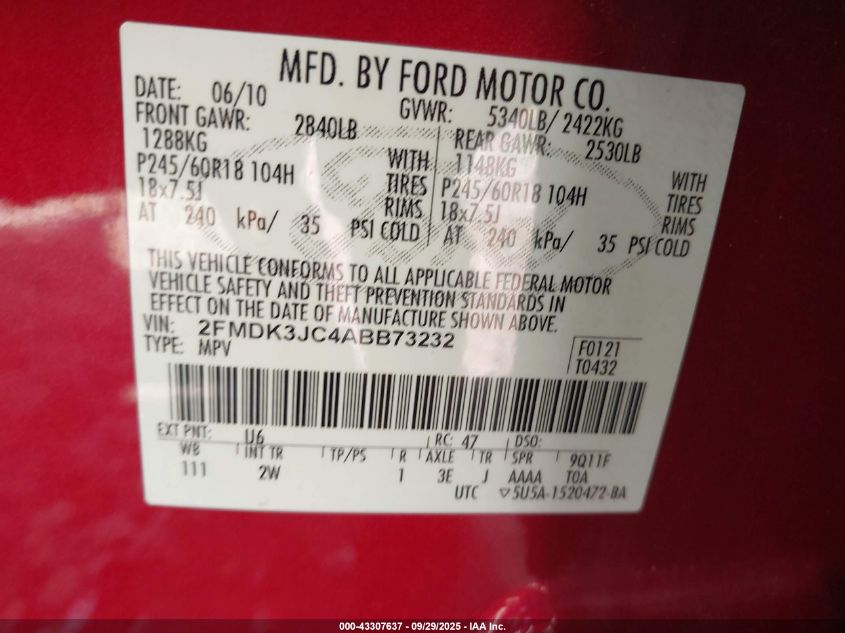 2010 Ford Edge Sel VIN: 2FMDK3JC4ABB73232 Lot: 43307637