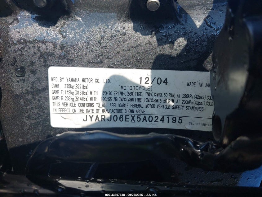 2005 YAMAHA YZFR6 L JYARJ06EX5A024195