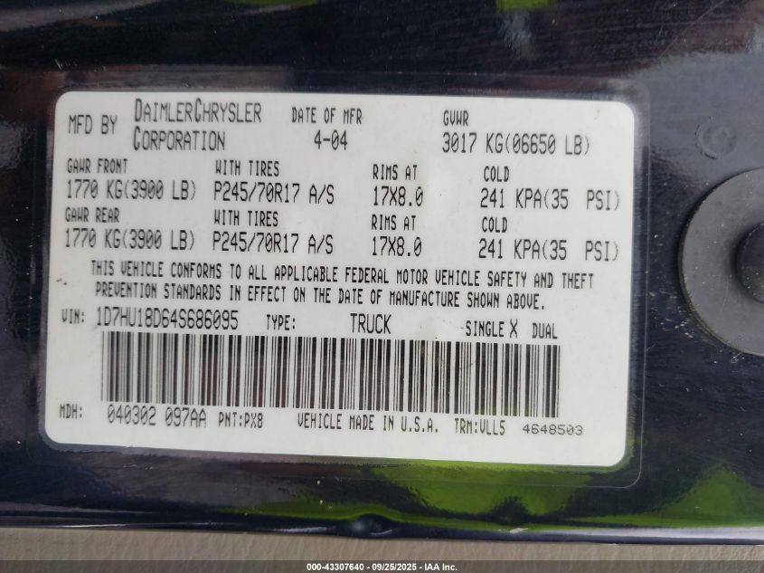 2004 Dodge Ram 1500 Slt/Laramie VIN: 1D7HU18D64S686095 Lot: 43307640