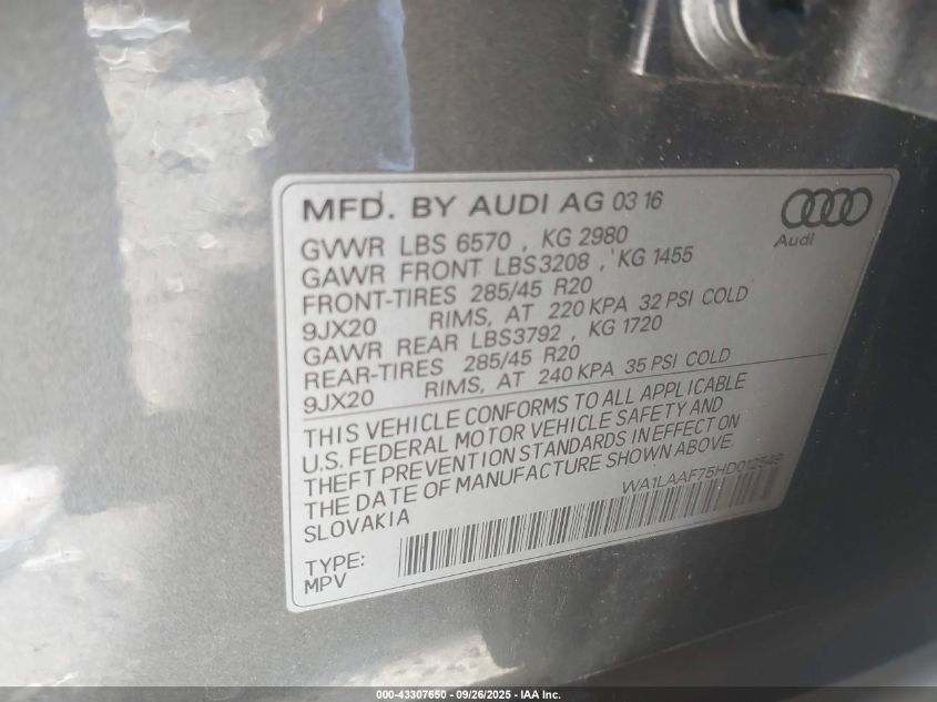 2017 Audi Q7 3.0T Premium VIN: WA1LAAF75HD012549 Lot: 43307650