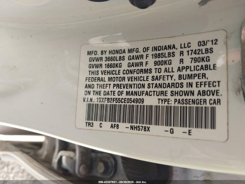2012 Honda Civic Lx VIN: 19XFB2F55CE054909 Lot: 43307651