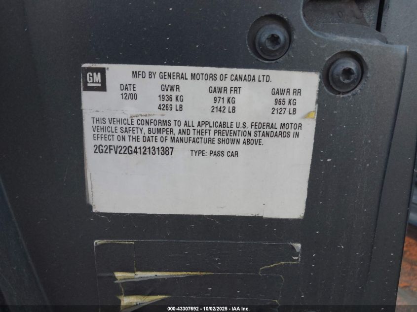 2001 Pontiac Firebird Formula VIN: 2G2FV22G412131387 Lot: 43307692