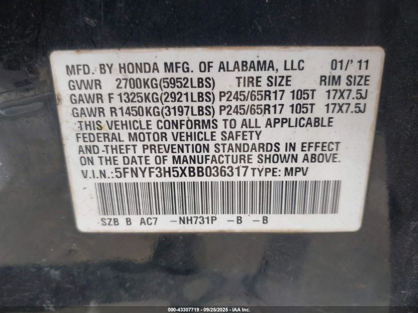 2011 Honda Pilot Ex-L VIN: 5FNYF3H5XBB036317 Lot: 43307719