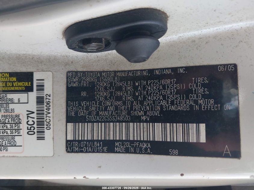 2005 Toyota Sienna Xle Limited VIN: 5TDZA22C55S348503 Lot: 43307726