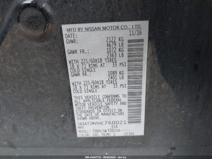 2017 Nissan Rogue Sl VIN: 5N1AT2MVXHC760021 Lot: 43307733