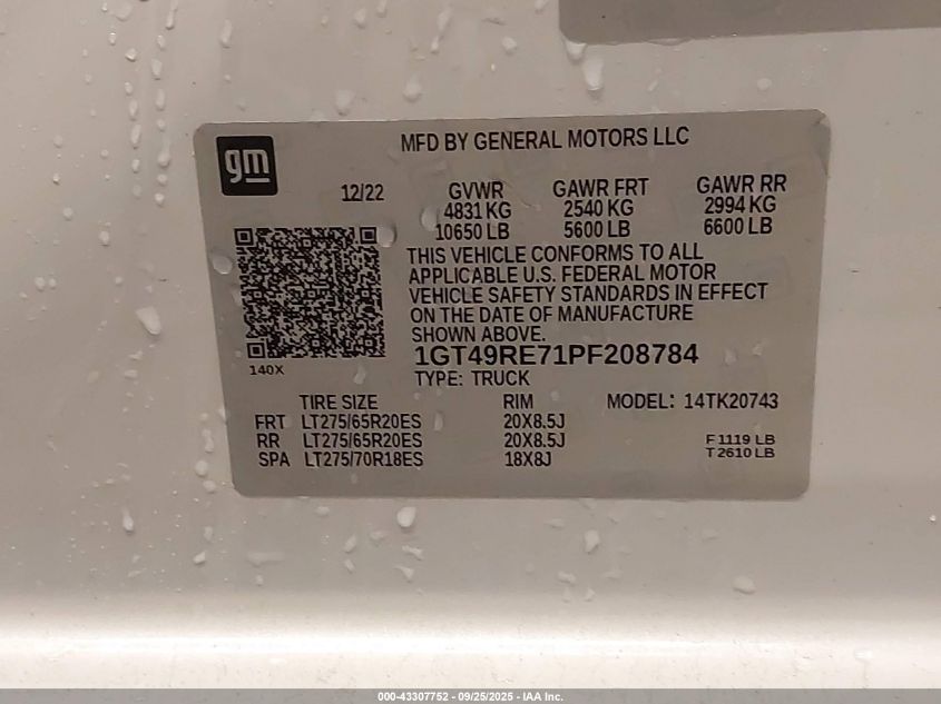 2023 GMC Sierra 2500Hd VIN: 1GT49RE71PF208784 Lot: 43307752