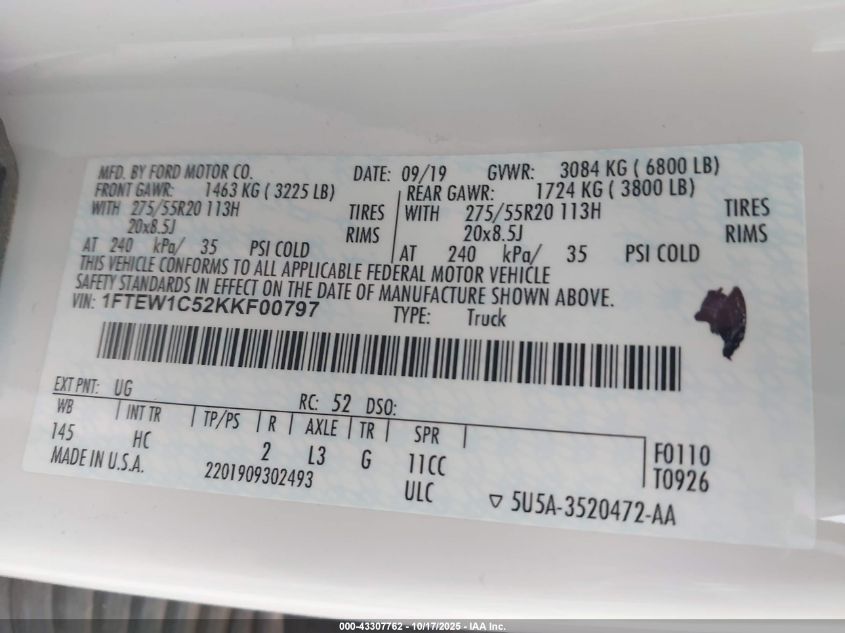 2019 Ford F-150 Lariat VIN: 1FTEW1C52KKF00797 Lot: 43307762