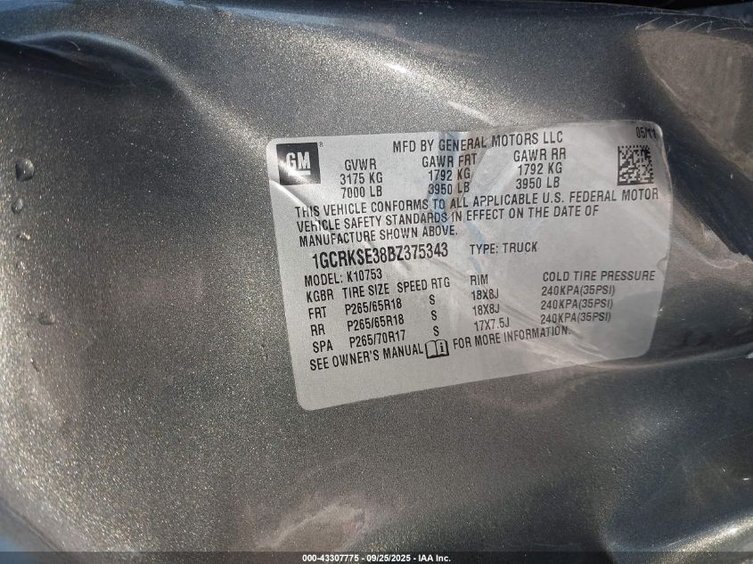 2011 Chevrolet Silverado 1500 Lt VIN: 1GCRKSE38BZ375343 Lot: 43307775