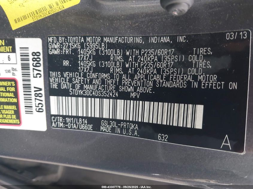 2013 Toyota Sienna Xle V6 8 Passenger VIN: 5TDYK3DC4DS352424 Lot: 43307776