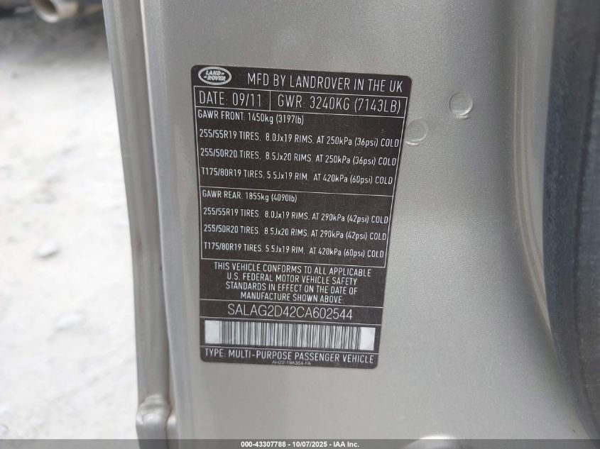 2012 Land Rover Lr4 Hse VIN: SALAG2D42CA602544 Lot: 43307788