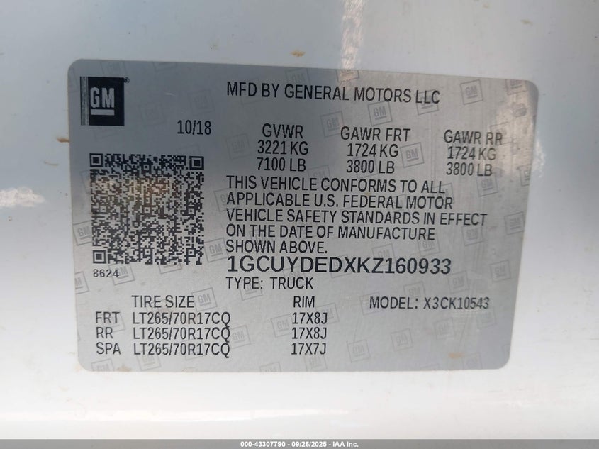 2019 CHEVROLET SILVERADO 1500 LT - 1GCUYDEDXKZ160933