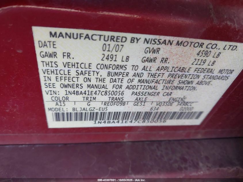 2007 Nissan Maxima 3.5 Sl VIN: 1N4BA41E47C850056 Lot: 43307801