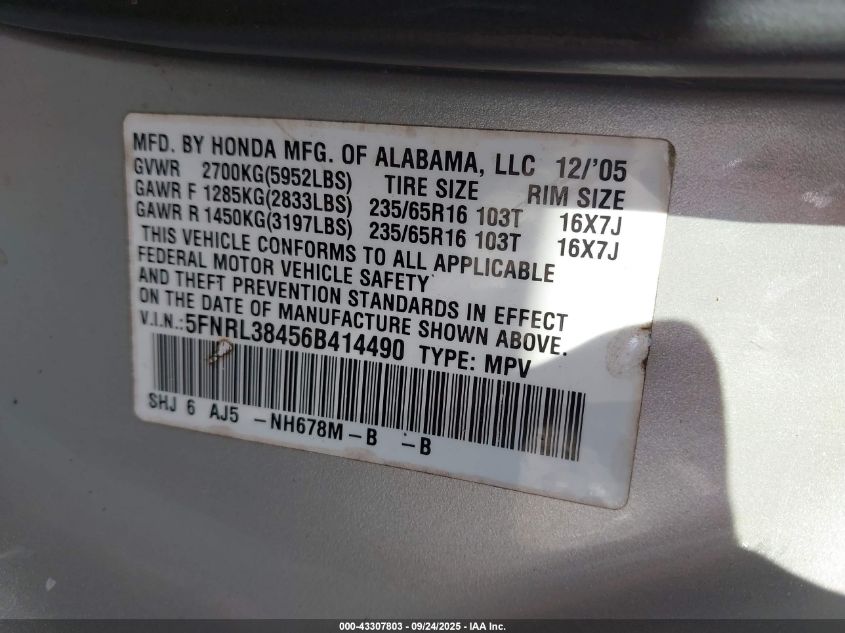 2006 Honda Odyssey Ex VIN: 5FNRL38456B414490 Lot: 43307803